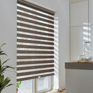 Dark brown no-drill zebra blind: angled product view