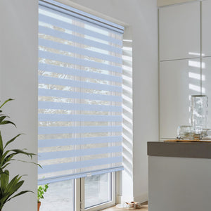 Blue no-drill zebra blind: angled product view