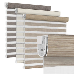 Tan no-drill zebra blind: layered fabric color options