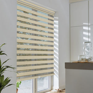 Tan no-drill zebra blind: angled product view