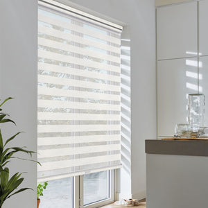 White no-drill zebra blind: angled product view