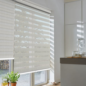 Light gray zebra blind: angled product view
