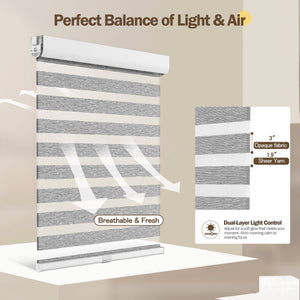 Gray no-drill zebra blind: light control through sheer and opaque stripes