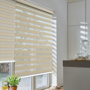 Tan zebra blind: angled product view