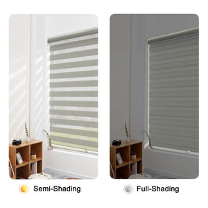 Light gray zebra blind: open and closed sheer and opaque stripe alignment