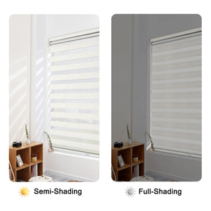 White no-drill zebra blind: open and closed sheer and opaque stripe alignment