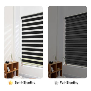 Black zebra blind: open and closed sheer and opaque stripe alignment