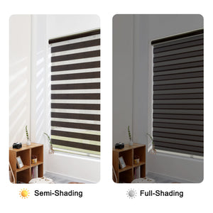 Dark brown zebra blind: open and closed sheer and opaque stripe alignment