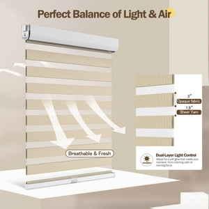 Beige no-drill zebra blind: light control through sheer and opaque stripes