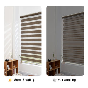 Brown zebra blind: open and closed sheer and opaque stripe alignment