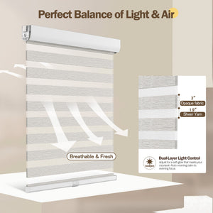 Light gray no-drill zebra blind: light control through sheer and opaque stripes