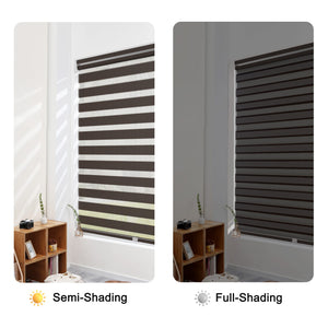 Dark brown no-drill zebra blind: open and closed sheer and opaque stripe alignment