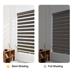Dark brown no-drill zebra blind: open and closed sheer and opaque stripe alignment