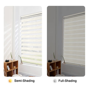 Ivory no-drill zebra blind: open and closed sheer and opaque stripe alignment