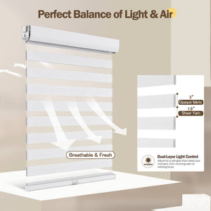 White no-drill zebra blind: light control through sheer and opaque stripes