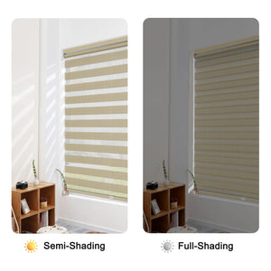 Tan no-drill zebra blind: open and closed sheer and opaque stripe alignment