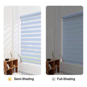 Blue no-drill zebra blind: open and closed sheer and opaque stripe alignment