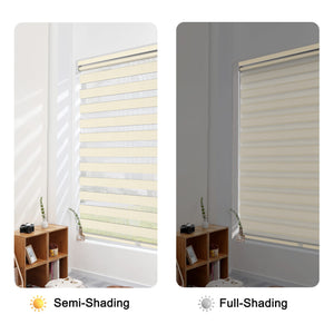 Beige no-drill zebra blind: open and closed sheer and opaque stripe alignment