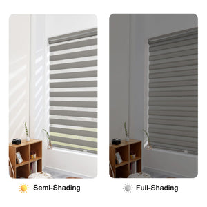 Gray no-drill zebra blind: open and closed sheer and opaque stripe alignment