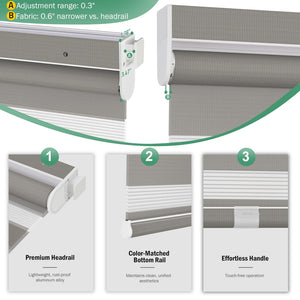 Gray no-drill zebra blind: headrail, fabric and bottom rail details