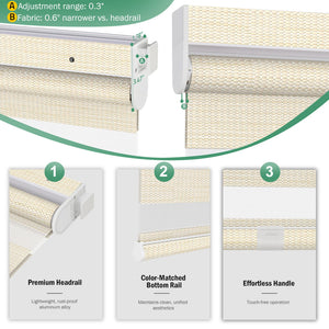 Beige no-drill zebra blind: headrail, fabric and bottom rail details