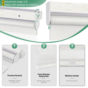 White no-drill zebra blind: headrail, fabric and bottom rail details