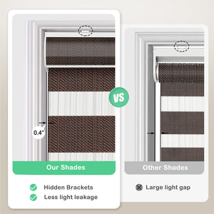 Dark brown zebra blind: headrail and window gap comparison
