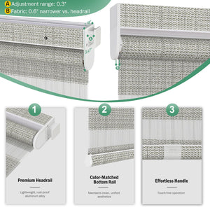 Gray no-drill zebra blind: headrail, fabric and bottom rail details