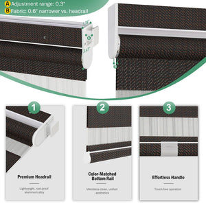 Dark brown no-drill zebra blind: headrail, fabric and bottom rail details