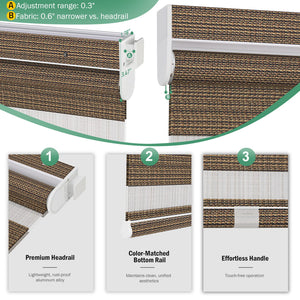 Brown no-drill zebra blind: headrail, fabric and bottom rail details