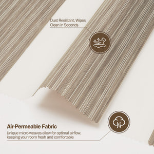 Tan no-drill zebra blind: fabric texture close-up