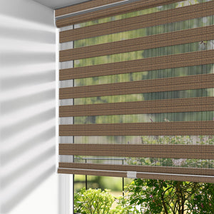 Brown no-drill zebra blind: on a window