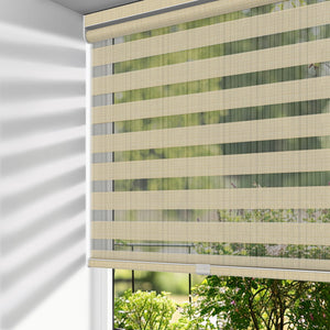 Tan no-drill zebra blind: on a window