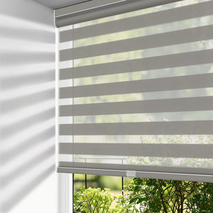 Gray no-drill zebra blind: on a window