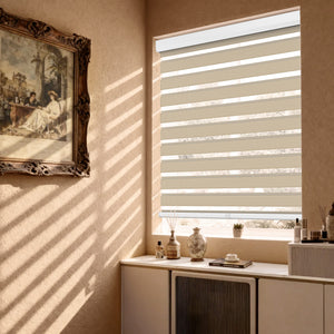 Beige no-drill zebra blind: in a furnished room