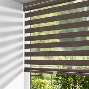 Dark brown no-drill zebra blind: on a window