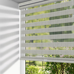 Gray no-drill zebra blind: on a window