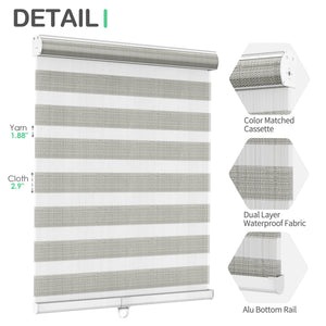 Light gray zebra blind: headrail, fabric and bottom rail details