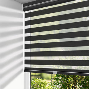 Black no-drill zebra blind: on a window