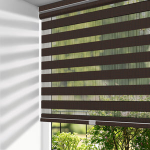 Dark brown no-drill zebra blind: on a window