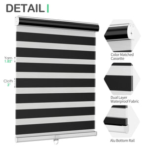 Black zebra blind: headrail, fabric and bottom rail details