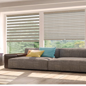 Tan no-drill zebra blind: in a furnished room