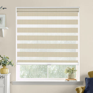 Tan zebra blind: on a window