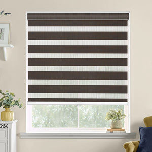 Dark brown zebra blind: on a window