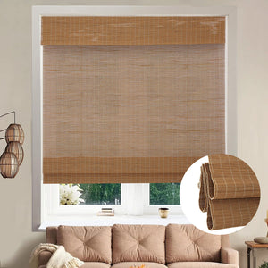 Natural brown bamboo Roman shade: on a window