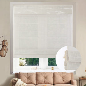 White bamboo Roman shade: on a window