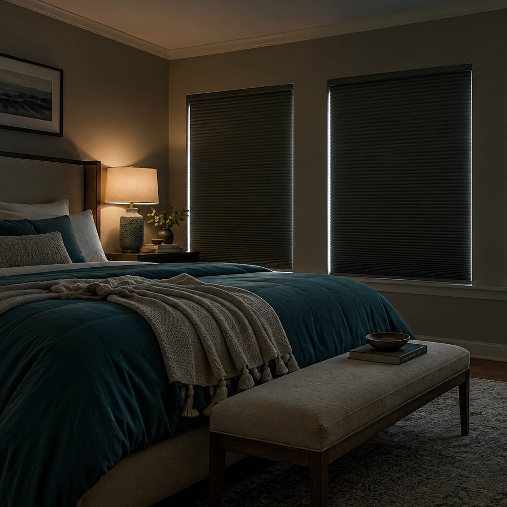 Dark pleated shades on two bedroom windows beside teal bedding, a bedside lamp and an upholstered bench.