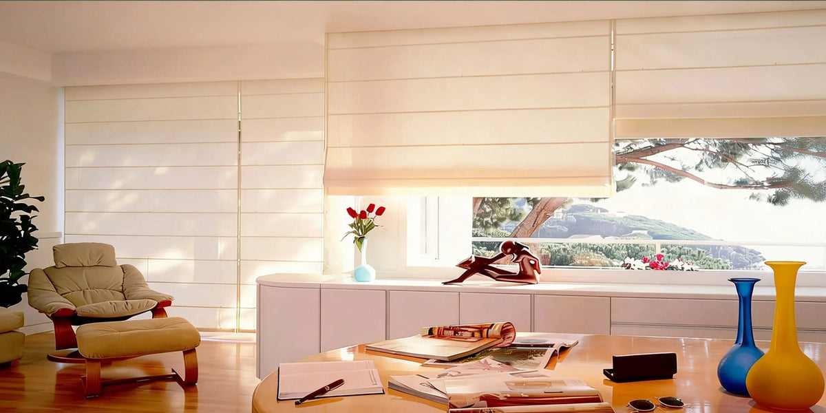 Roman shades in a sunlit dining area
