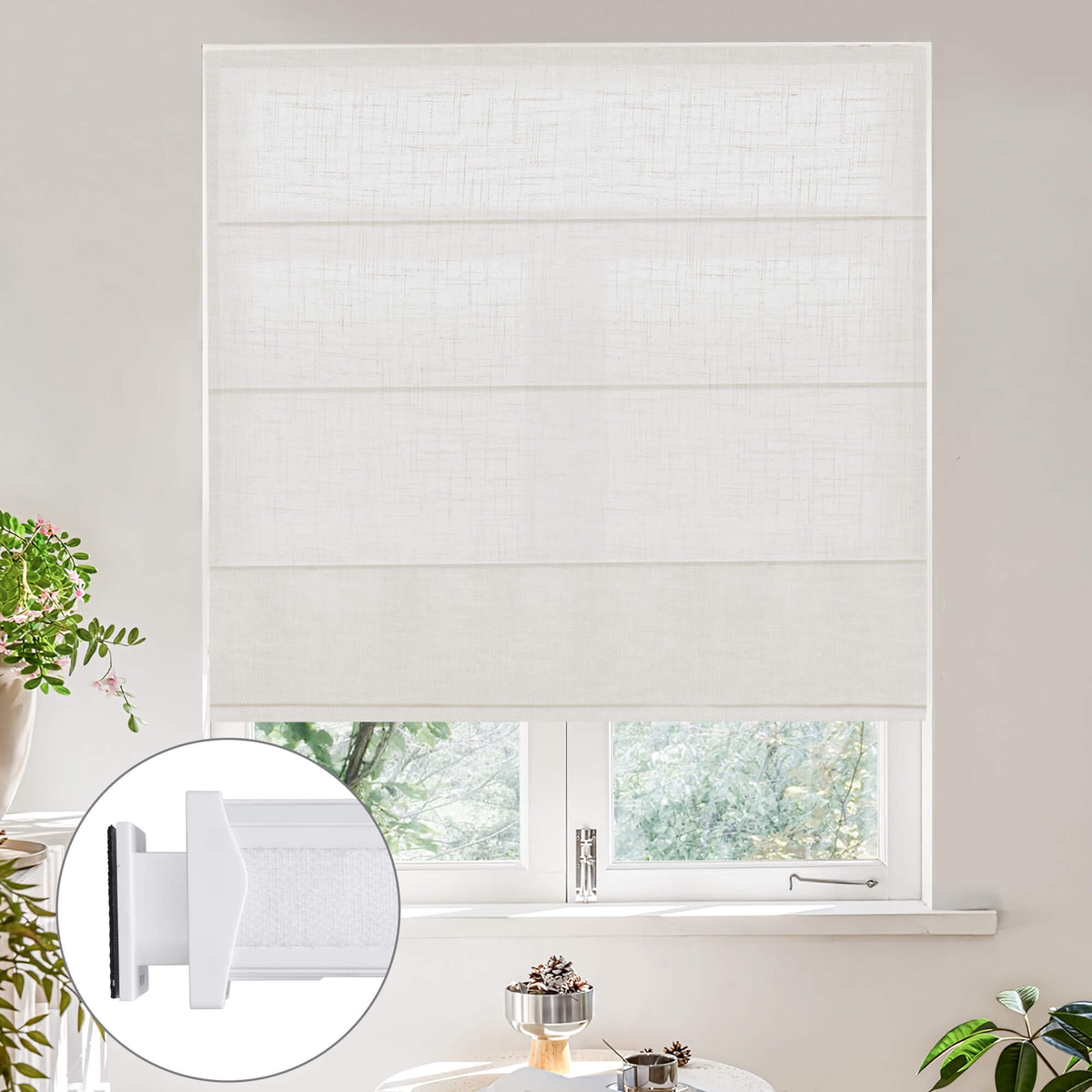 Linen white no-drill Roman shade: on a window