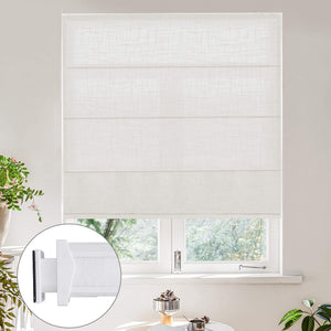 RM series Roman shade fabric shown on a window with a fabric detail inset